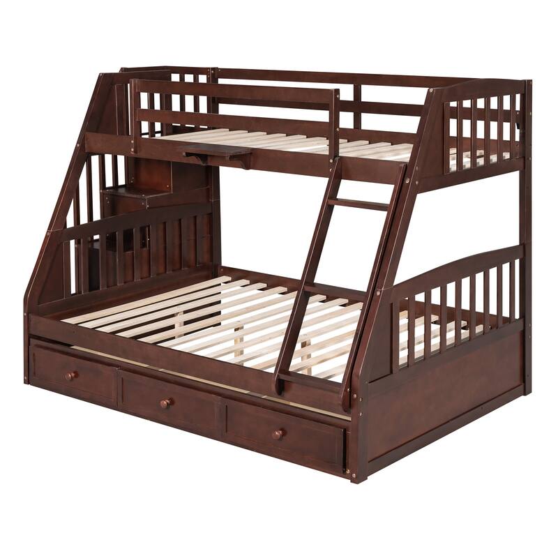Modern Twin Over Full Bunk Bed 93.4" Wood Bed Frame with Drawers and Storage Staircase Bed